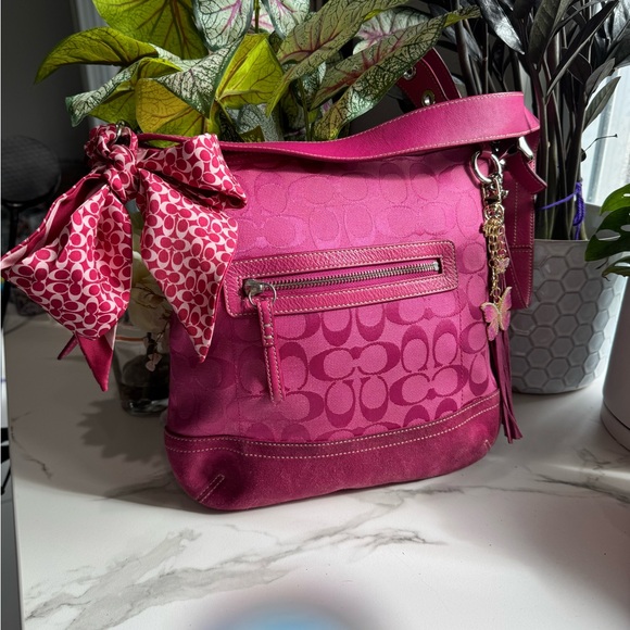 Coach Handbags - Coach Hot Pink Signature & Suede Bag #9362